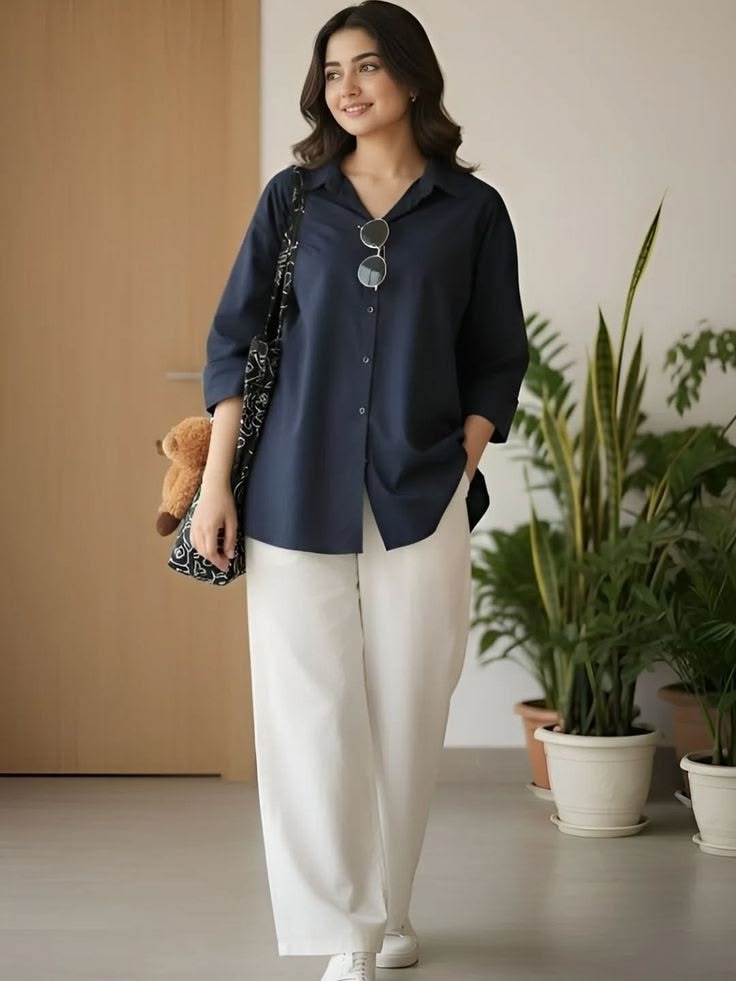 Women Cotton Blue Yarn Dyed Top